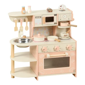 Hot Selling Wooden Pink Play Kitchen Set for Toddlers Pretend Game Coffee Machine Interactive Wood Toys for Preschool Kids Girls