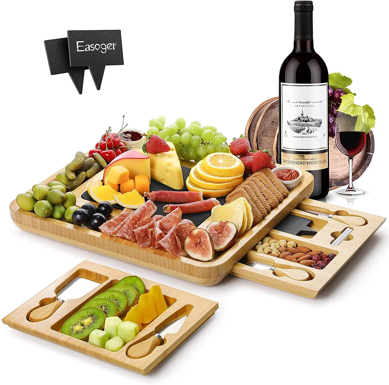 Bamboo Cheese Board with Knife Set Slate Board Wood Christmas Charcuterie Board with 2 Drawers