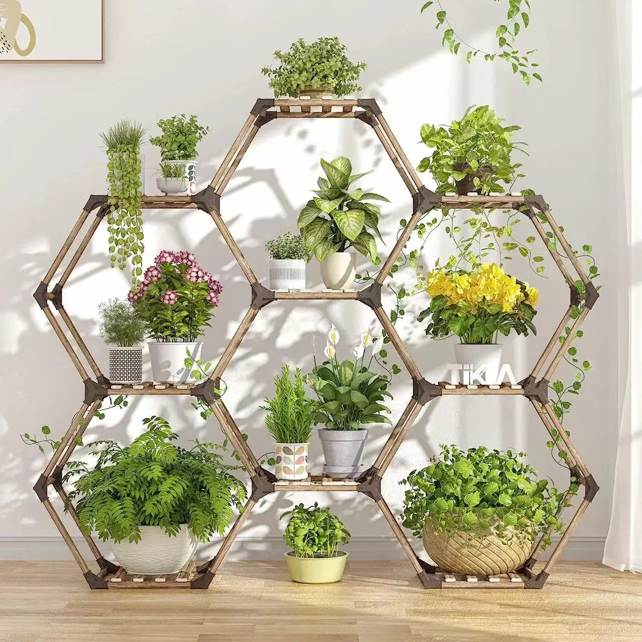 Hexagon Plant Shelf - 9-Grid Wooden Flower Rack for Indoor & Outdoor Plants, Succulents & Herb Garden, Natural Home Decor