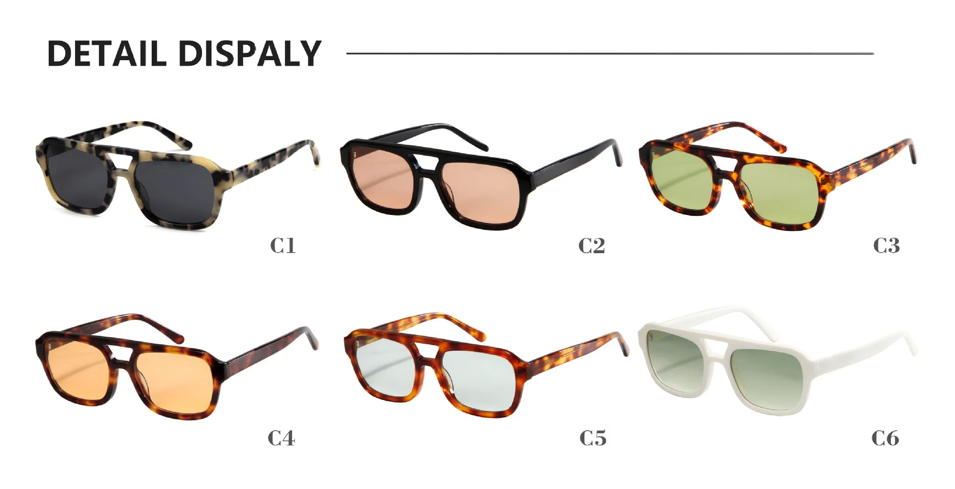 2025 CR39 Double Bridge Square Lenses Green/Yellow/Pink Acetate Polarized Sunglasses Gray Tortoiseshell Frames for Men Women