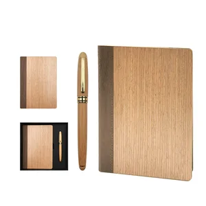 2026 Custom Promotional Oak Wooden A5 Eco Diary Journals Leather Notebook Business Gift Set With Pen