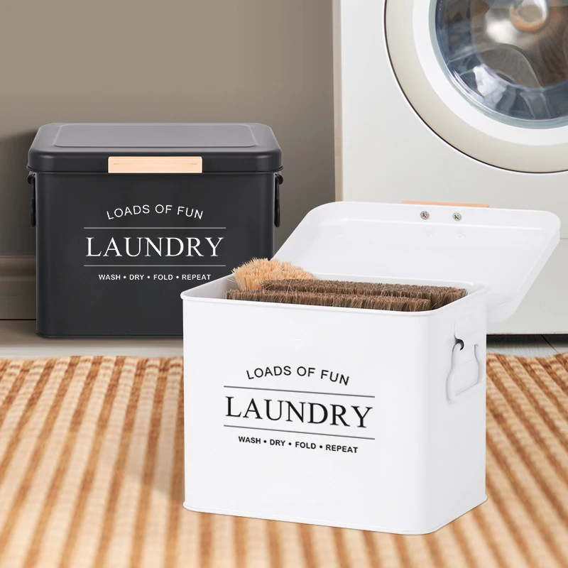Laundry Room Series Dryer Sheets Holder Black Clamshell Washing Powder Storage Box Galvanized Iron Custom Made Laundry Bin