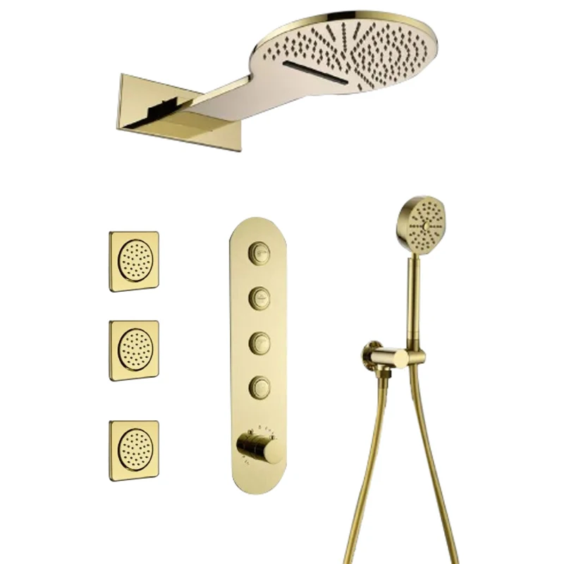 Brushed Gold LED Rainfall Shower Panel System With Mixer & Massage Jets – ELLO&ALLO, 5 Spray Patterns, Wall Mount