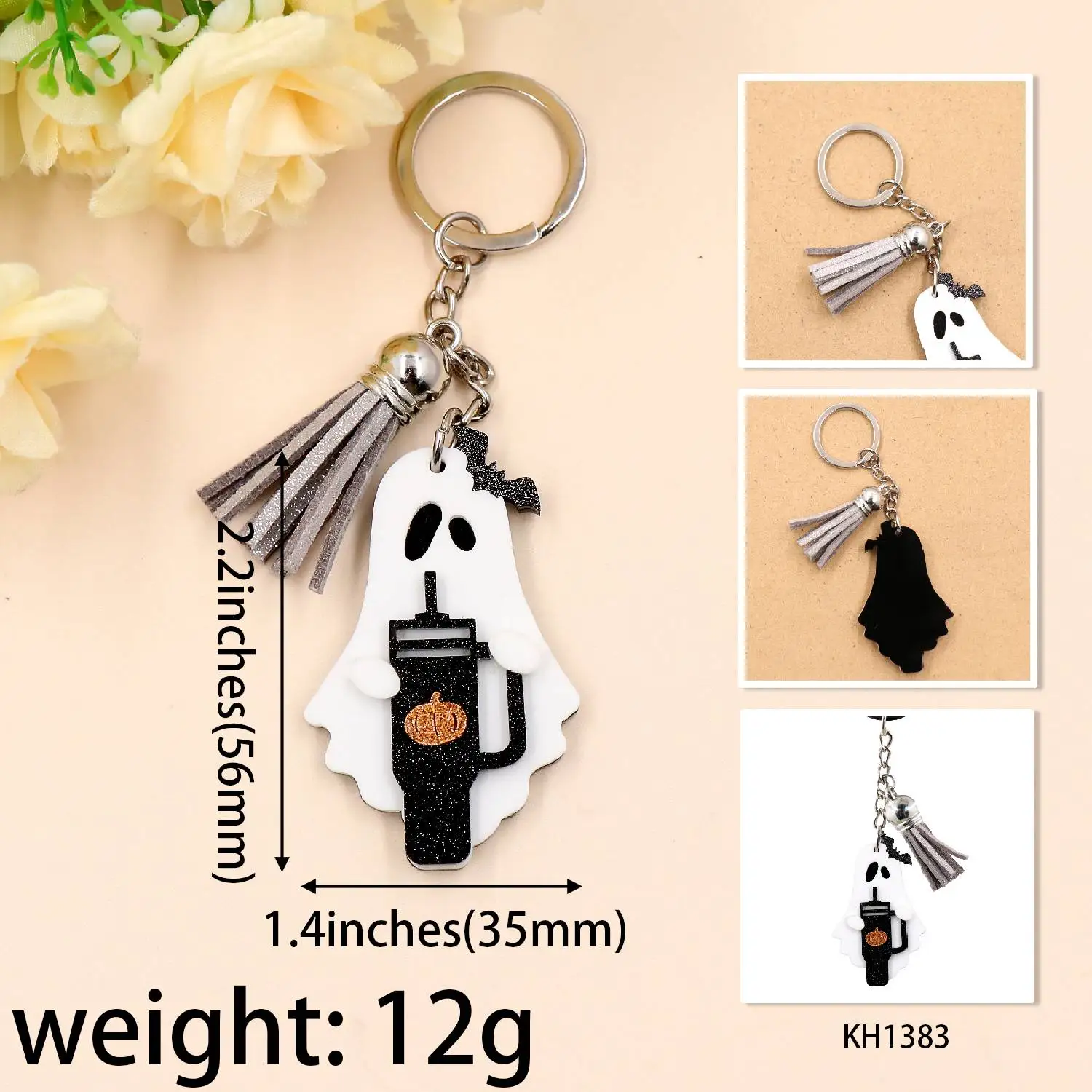 ZSHKH1383 Halloween Keychain Cute Ghost Trumbler Keyring with Tassel Glitter Acrylic Purse Accessories Laser Cut Stainless Steel factory