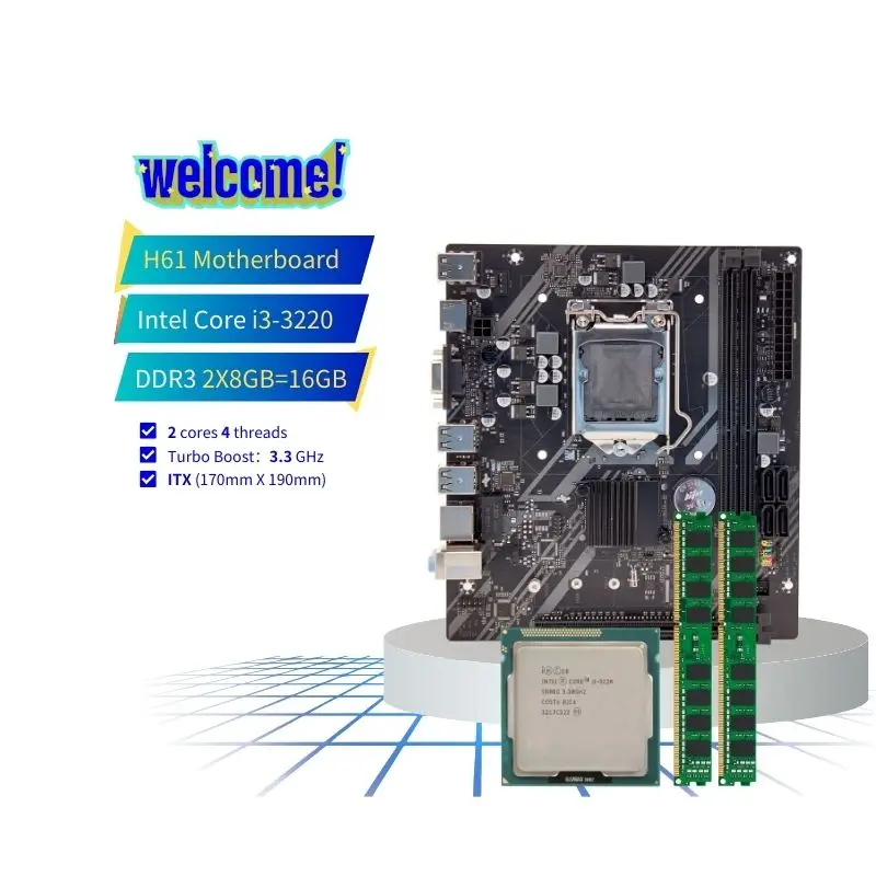 PANDL NEW H61 Motherboard Combo Kit Set ITX Mainboard LGA1155 Gaming Computer CPU I3 3220 DDR3 1600MHz 2X8GB H61 Motherboard