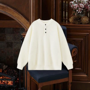 Vintage Old Money Half-open Henley Collar Men's Winter Warm Solid Full Sleeve 100% Polyester Anti-pilling 440g Knitted Sweater