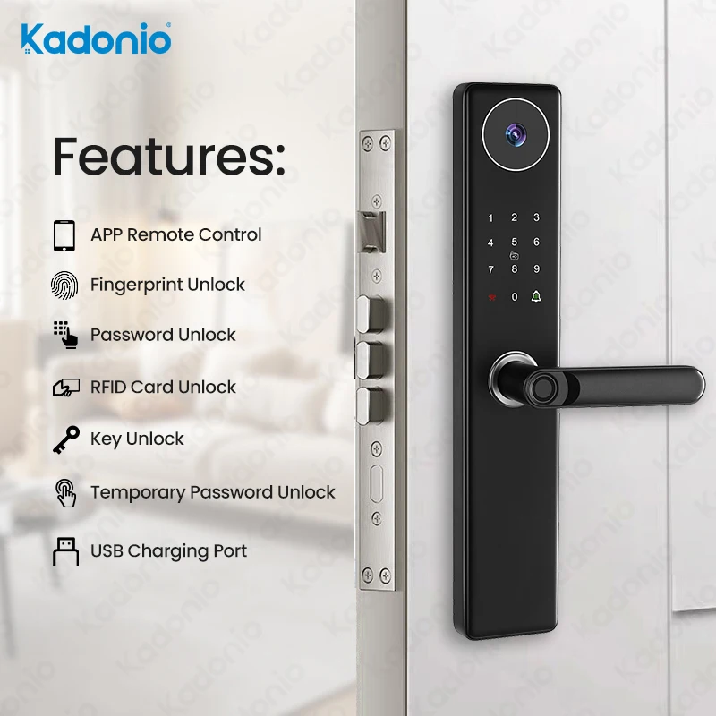 Kadonio Electronic Security Tuya APP Remote Control Wifi Deadbolt Residential Smart Door Lock With Camera