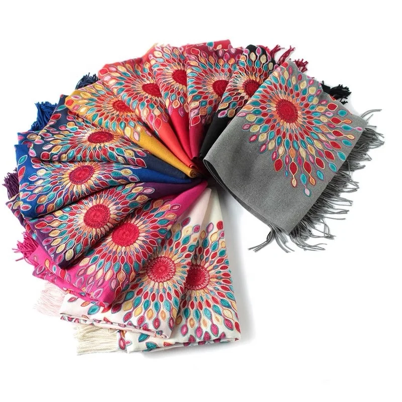 Женский кашемировый шарф из пашмины с вышивкой, плотная теплая Женская шаль с кисточкой