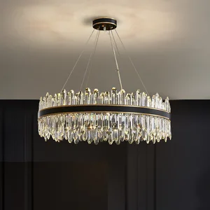 Modern Black Rectangle Round Ring Crystal Led Pendant Light Chandelier Led Circle Over Kitchen Island