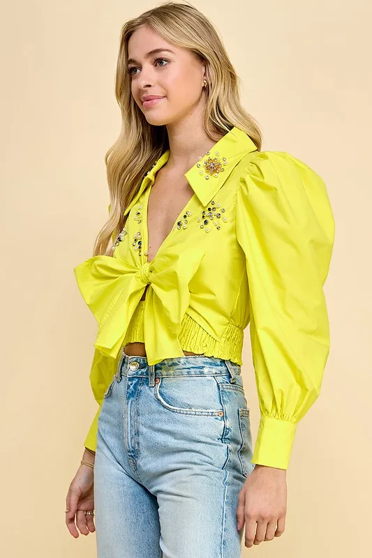 Cropped Top With Rhinestones Elastic Waistband Puffed Sleeves Self-tie Front Sexy Summer Party Style With Woven Weave - Image 3