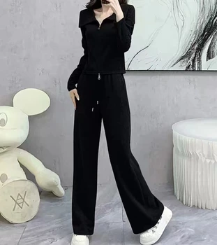 Casual Black Color Flapped Collar Cardigan For Women Two Pieces Sets Clothing