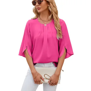 Europe America New Solid Color round Neck Half Sleeve Short Sleeve Loose Chiffon Shirt Top for Women Breathable with Crew Neck