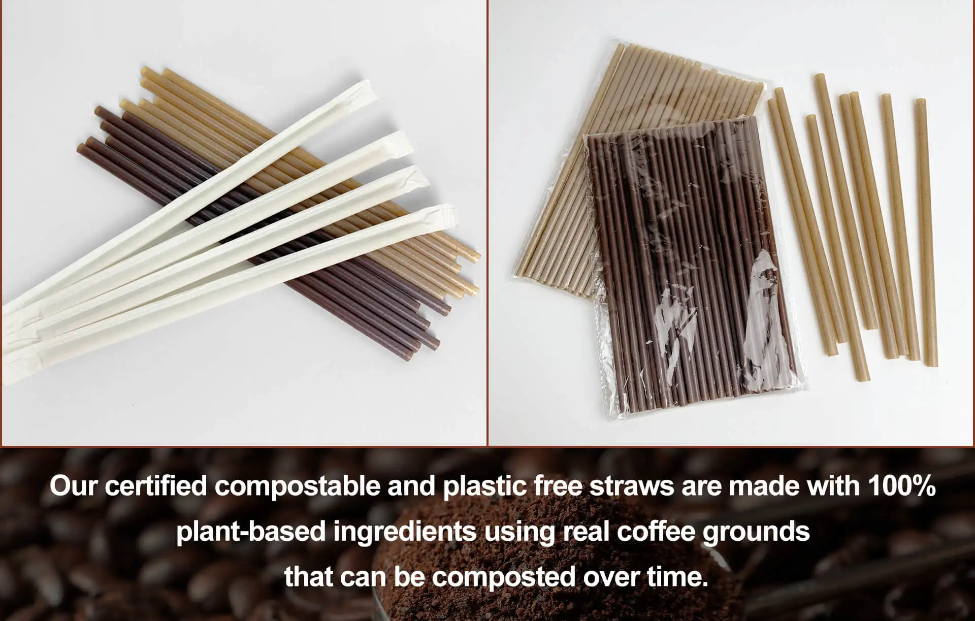 New Compostable Coffee Bagasse Straw, Coffee Waste Straw, Coffee Bean Straw With Paper Individual Wrap Package