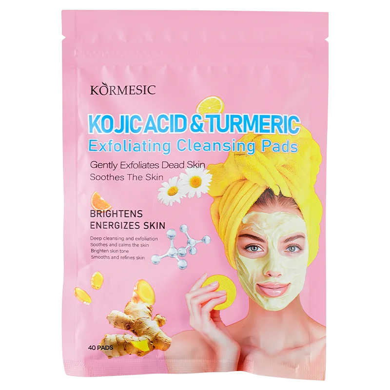 KORMESIC 80ml/40pcs Wholesale Private Label Soothing Brightening Kojic Acid & Turmeric Exfoliating Cleansing Cotton Pads