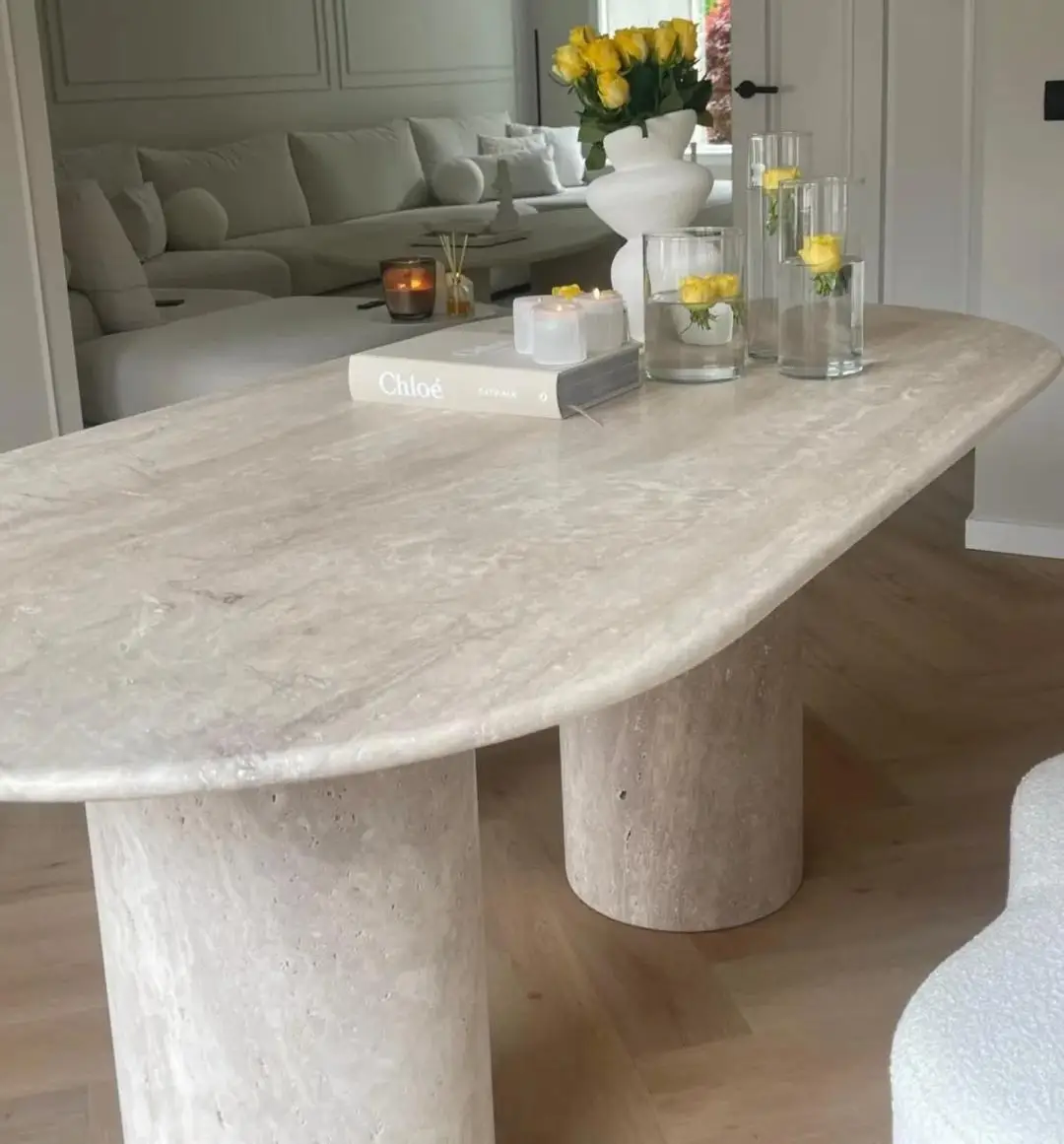 product luxurious custom natural beige travertine dining table handcrafted oval marble-2