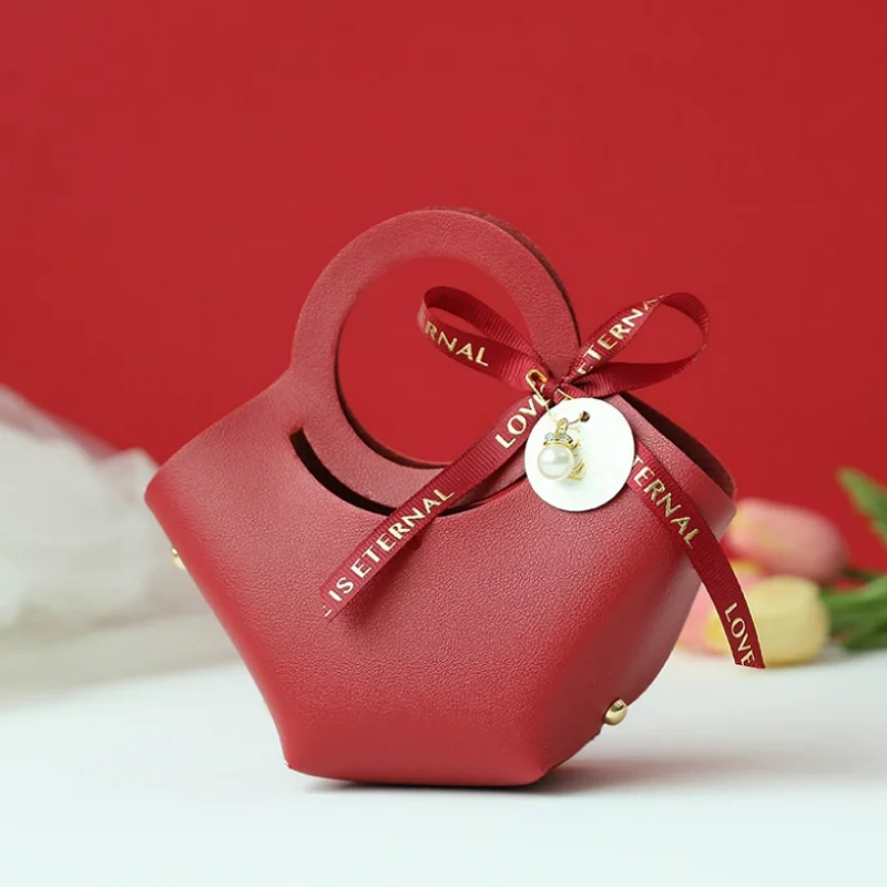 1PC Small Leather Gift Box Handbag Shape Ribbon Bow Candy Box Wedding Gift  Bag