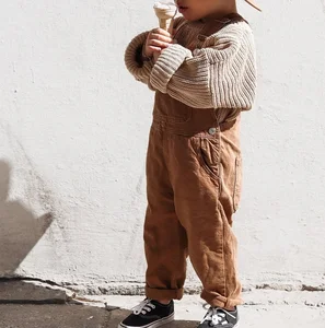Custom Logo Vintage Toddler Jumpsuit Soft Brown Corduroy Leggings Adjustable Straps Kids Bodysuit Personalized Baby Overalls