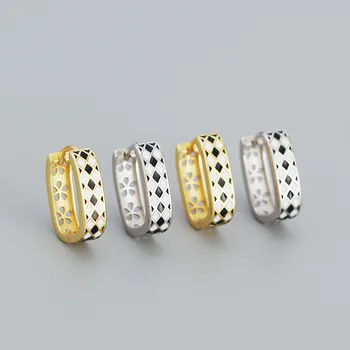 Black and white checkerboard check earrings s925 silver enamel drop oil U-shaped earrings for women