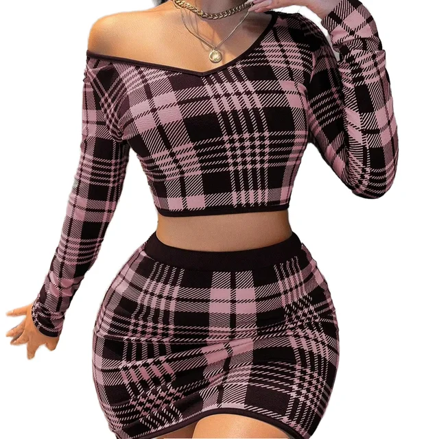 Autumn Fitness Top Short Skirt Set Plaid Printed Stretch Slim Sexy Long Sleeve Bow Collar Logo Decoration Made Polyester Fabric