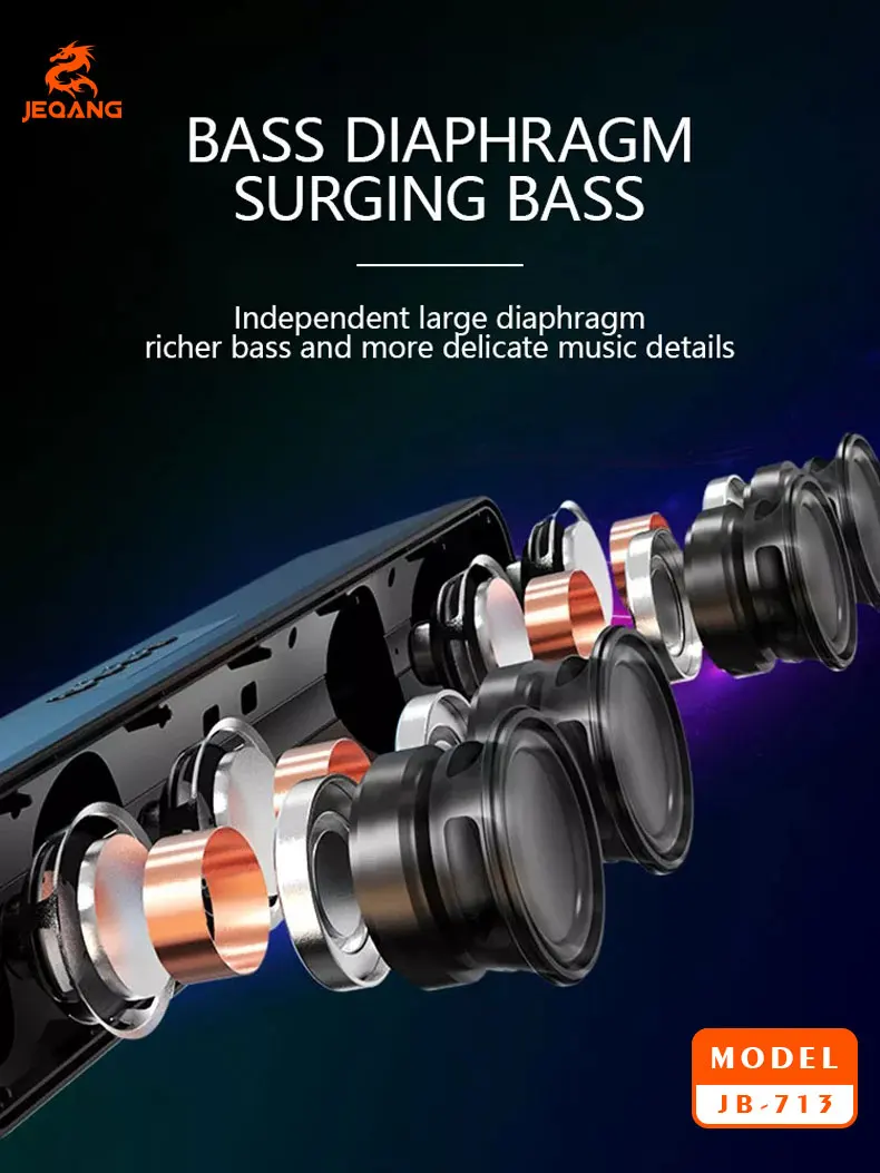 Jeqang JB-713 Modern Portable Wireless RGB Sound Bar Waterproof Computer Speakers USB Aux Communication Plastic for Outdoor Use