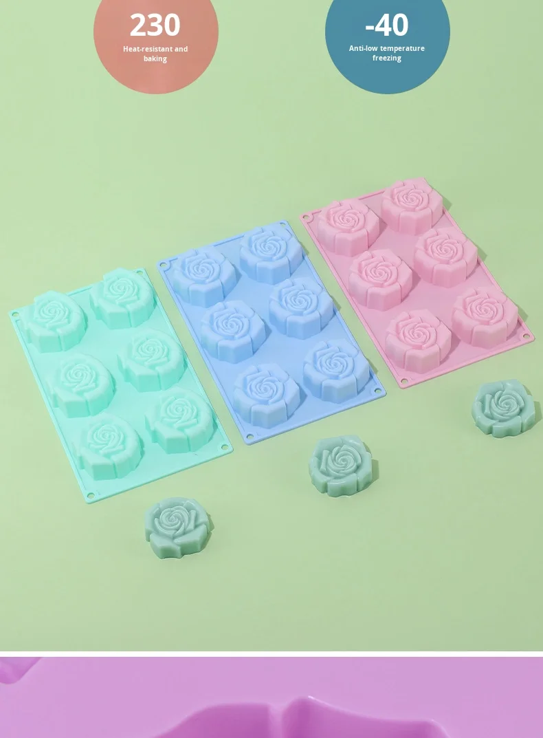 Silicone 6-hole 3D Rose Flower Cake Mold for Pudding & Jelly Reusable Non-Stick DIY Handmade Soap Mold factory