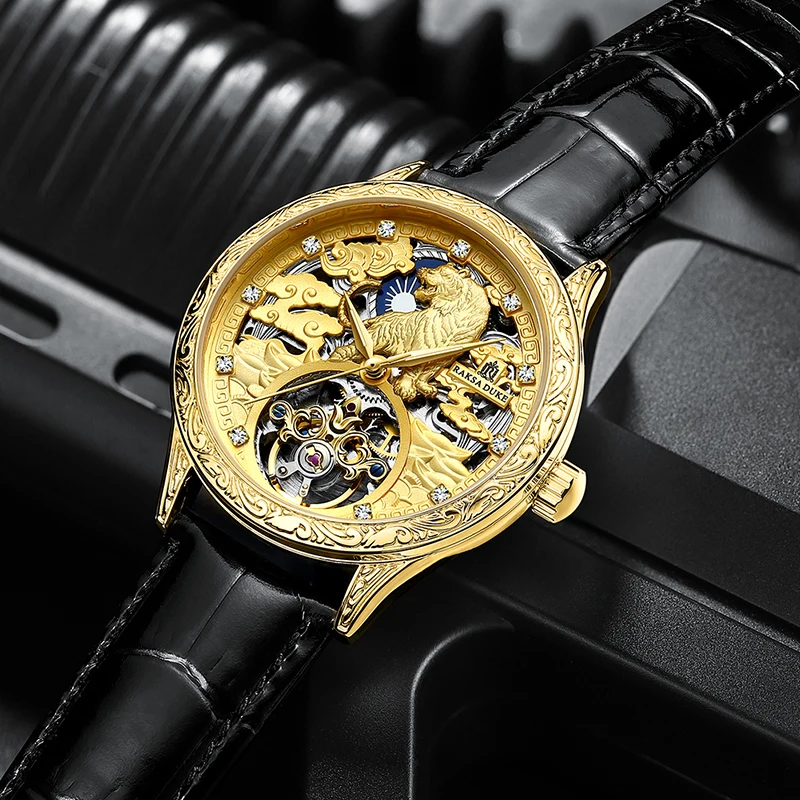 New Design 2022 Automatic Full Gold Wristwatch tiger Design Tourbillon Watches for Men