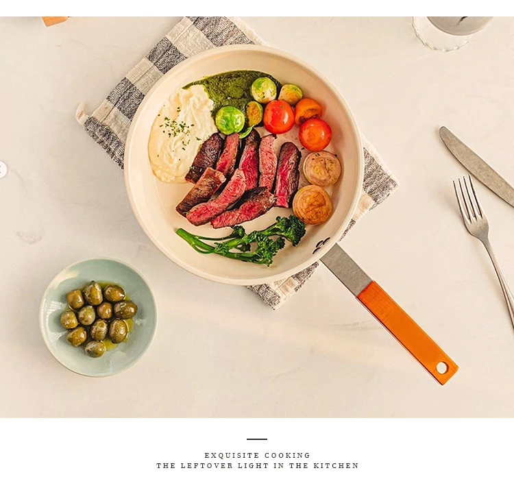 Custom Modern Kitchen Cream Three Layer Bottom Ceramic Glaze Paint Non Stick Stainless Steel 304 Frying Skillet Pan with Lid