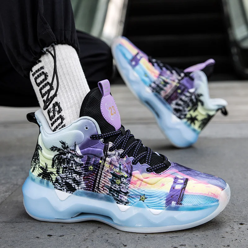 New Fluorescent Fashion Basketball Shoe High Elastic Rubber Anti slip and  Breathable Custom Basketball Shoes Men