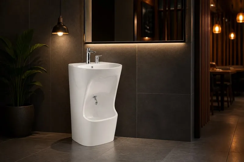 Curved white ceramic wudu basin in a stylish restaurant washroom
