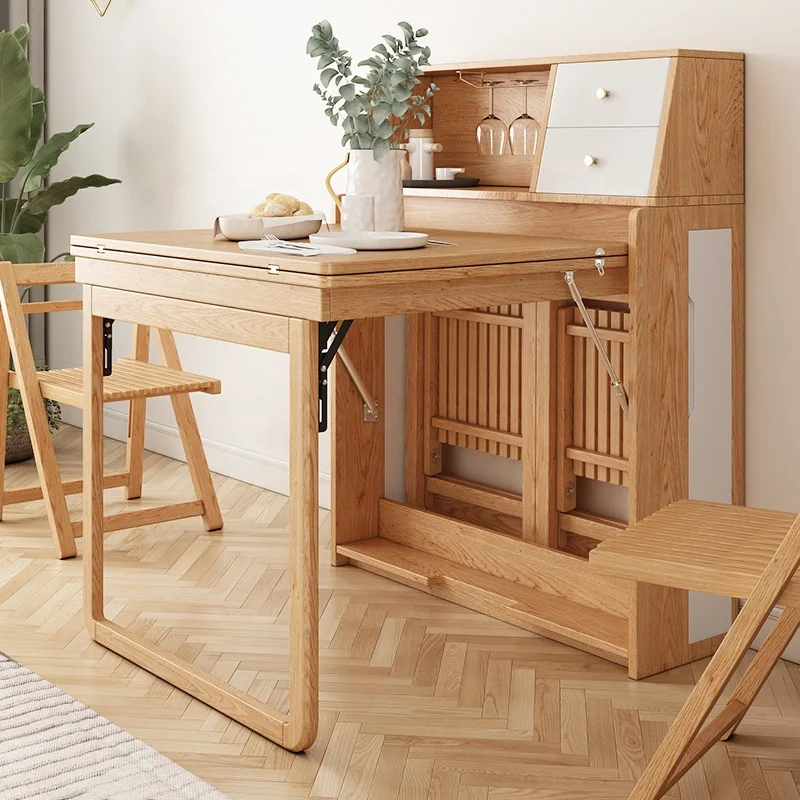 Modern Folding Wood Dining Table with Chair Storage & Wine Rack