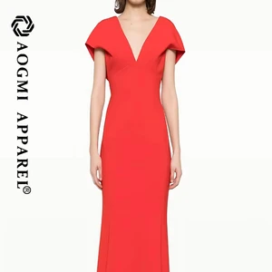 AOGMI Luxury Women's V-Neck Bubble Sleeve A-Line Floor-Length 100% Silk Taffeta Eco-Friendly Anti-Wrinkle Summer Dress