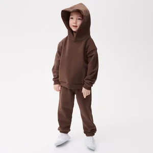 Autumn Winter Neutral Color Warm Fleece Hoodie Joggers Set 2 Piece Kids Tracksuit