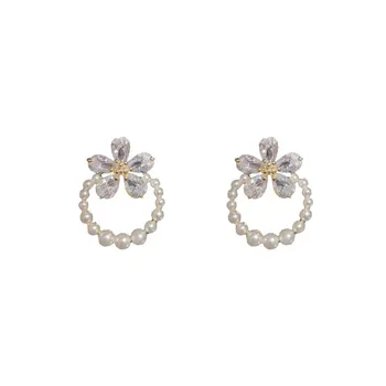 Korean Fashion Needle Zircon Flower Pearl Stud Earrings Commuter Wedding Party Accessories Female Design Trendy