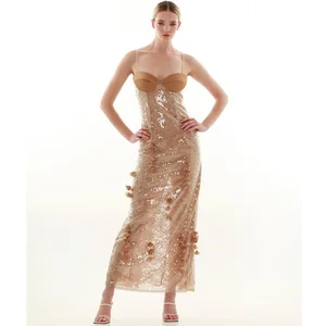 Factory Wholesale Designer Fashion Midi Dress Women Summer Spaghetti Strap Padded Sequined Bandage Socialite Parties Lace