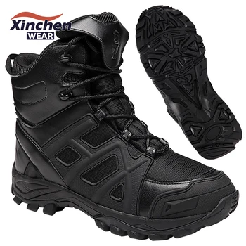 Custom Logo Black Waterproof Tactical Work Boots Man's Leather Jungle Desert Shoes Logo Imprinted Black Leather Tactical