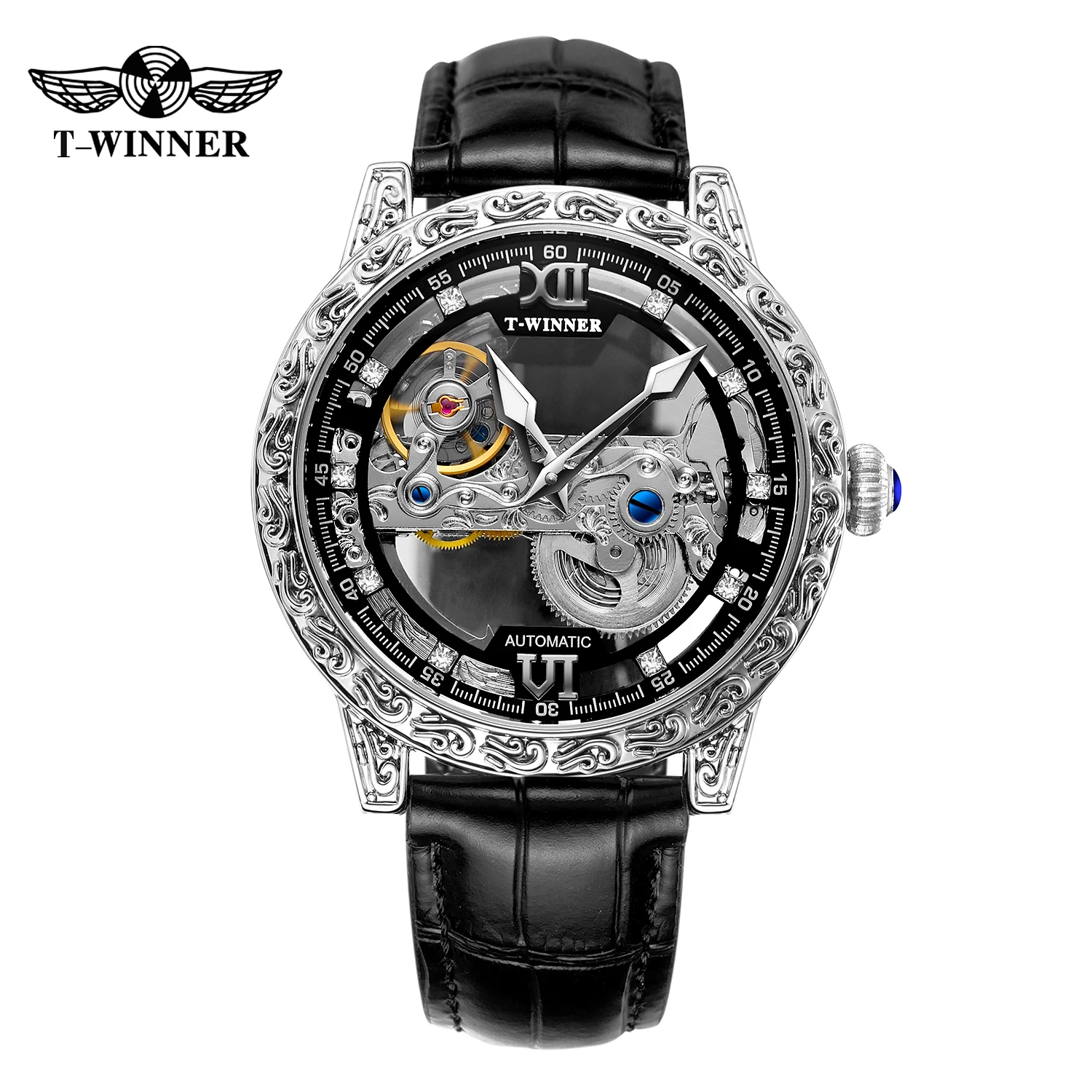 Winner Brand Gold Transparent Wrist Watches Luxury Man Reloj Montre Leather Skeleton Custom Mechanical Automatic Watch for Men