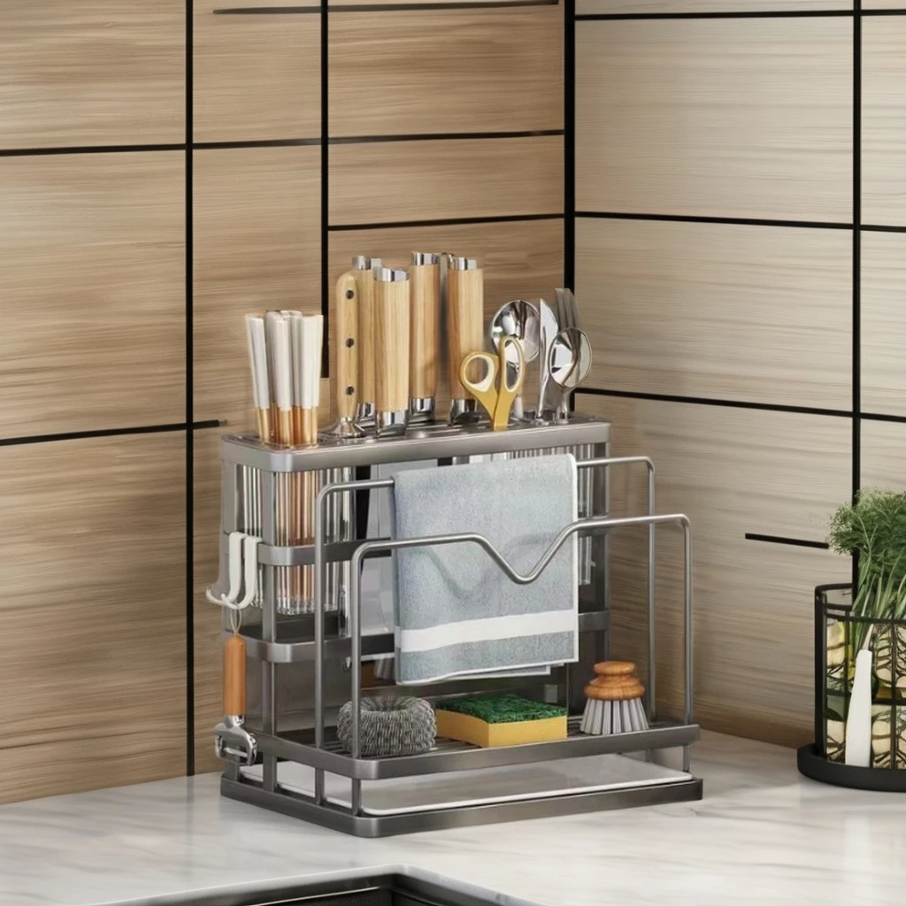 Multi-Functional Integrated Knife Holder Box Pot Lid Cutting Board Standing Type Kitchen Storage Rack Wash Drain Household Metal
