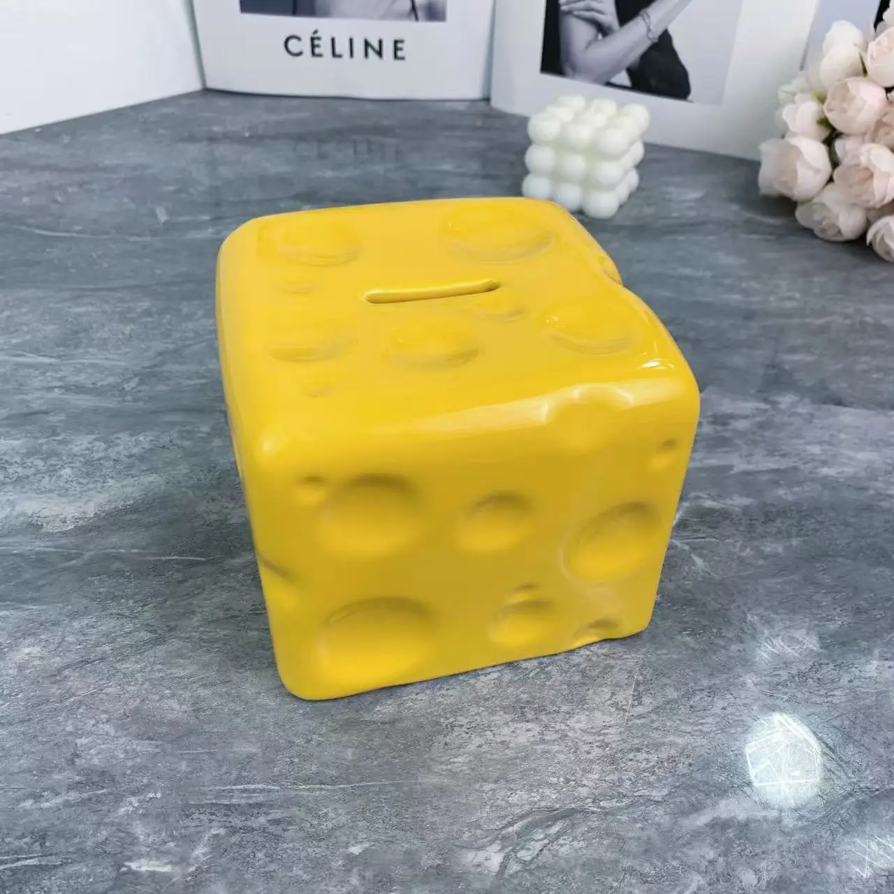 Cheese-Shaped Square Ceramic Money Coin Savings Box Piggy Bank