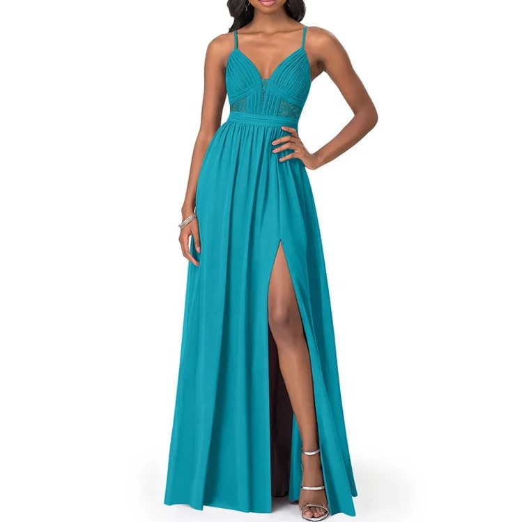 blue dress for baby girl Long Turquoise Lace Prom Dress with Lace-Up Back– PromGirl