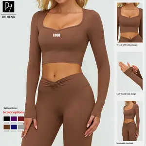 New Design Women Long Sleeve Square Collar T Shirt Elastic Tight Slim Workout Fitness Yoga Long Sleeve Tops for Women