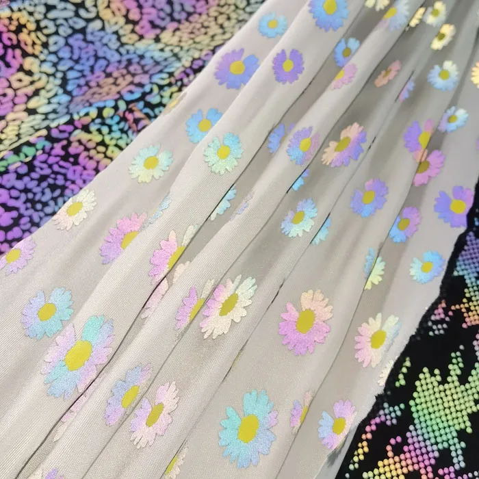 Custom Printing Iridescent  Polyester Spandex Rainbow Reflective Fabric for Fashion Clothes Jacket Material