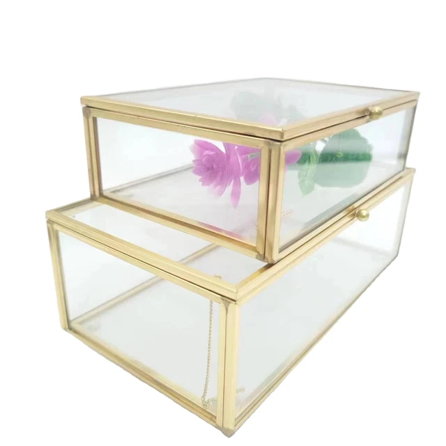 Wholesale custom vintage small geometric metal trinket box rose gold copper display box glass box