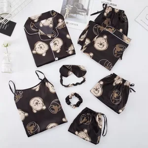 Women Silk Satin Pajamas 7pcs Sleepwear Sets Elastic Waist Long Nightgown Plus Size Loungewear for Spring Season and Summer