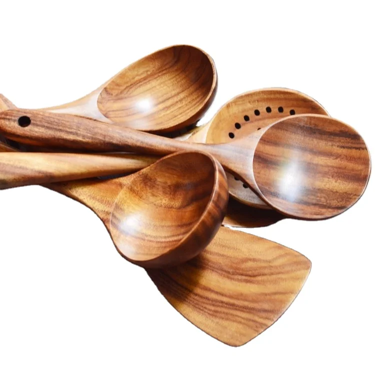 NAYAHOSE - Juego de utensilios de cocina de madera, cucharas para cocinar,  juego de espátulas de cocina de madera de teca natural, incluye cucharón