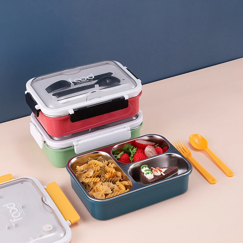 Leak Proof 3 Compartment Lunch Box With Clips Lock On The Two Ends ...