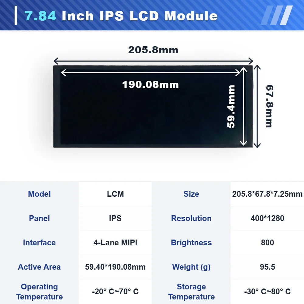 WEITAI 7.84 Inch TFT LCD IPS Display Module 400x1280 Resolution 800 Cd/m Brightness 4-Lane MIPI Interface LED Backlight for factory