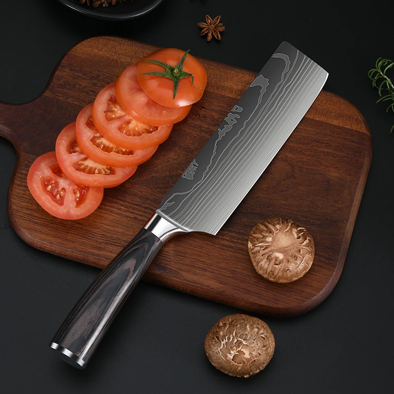 Суперострые кухонные ножи шеф-повара набор из 9 японских кухонных ножей нержавеющей стали с деревянной ручкой и Дамасским лазерным