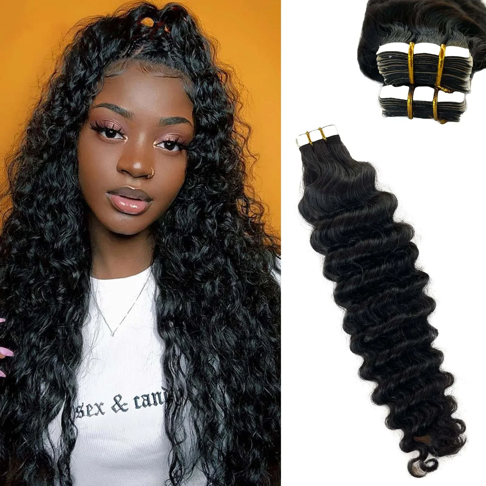Extensii de păr uman cu bandă adezivă, ondulate adânc, păr Remy brazilian, extensii de păr creț, 20 buc/set, negru natural, 16-26 inci_voghion.com