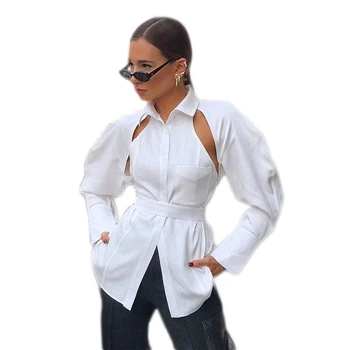 Spring New Arrivals Long Sleeve Cut Out Bandage Fashionable Elegant Custom Women White Shirts Ladies Blouses