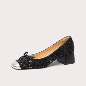 Lily Wei Heels Decorated with Bow Elegant Square Toe Block Heel Pumps Heel Sequin Fabric Shoes for Daily